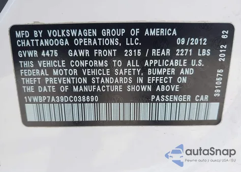 2013 Volkswagen Passat 2.5L Se из США, поврежденный, VIN 1VWBP7A39DC038690